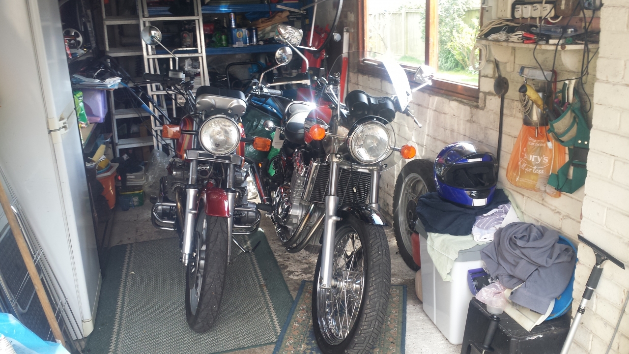 My Adventurer nestling alongside my 1979 Suzuki GS850G Shaft Drive in the garage.