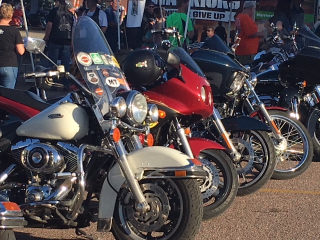 One Triumph surrounded by Harley&#039;s at J&amp;L Harley SFSD, USA